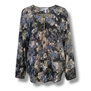 Xhilaration Women’s Black Floral Long Sleeve Zip Front Blouse Size Medium
